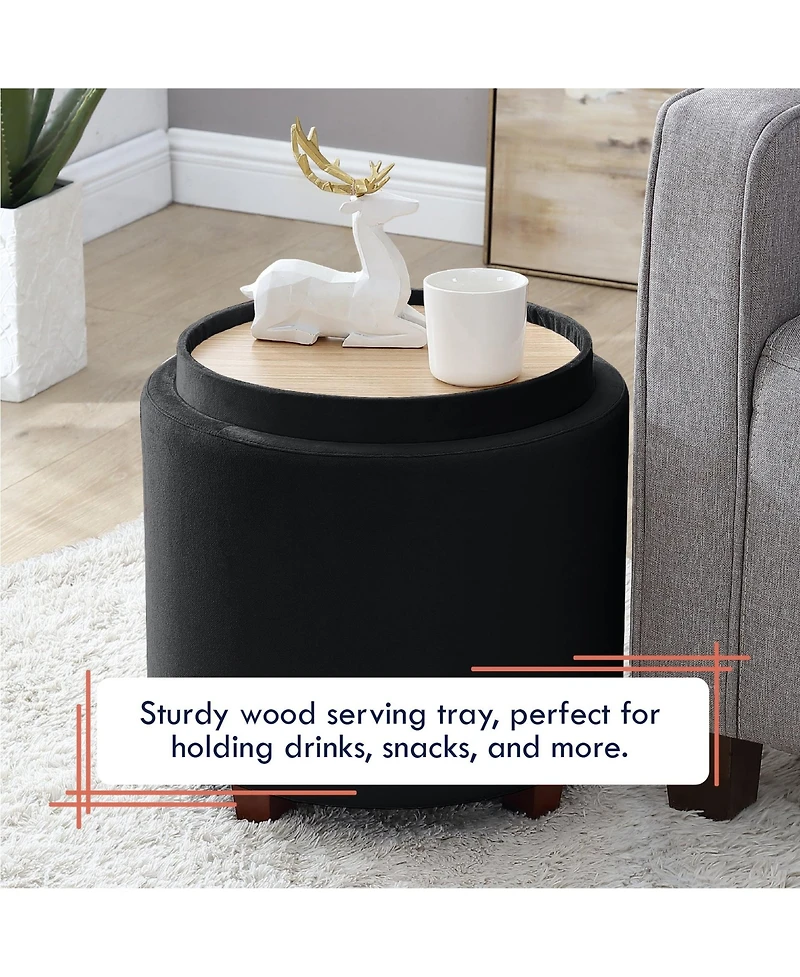 Lawrence Round Velvet Storage Ottoman with Table Top Lid