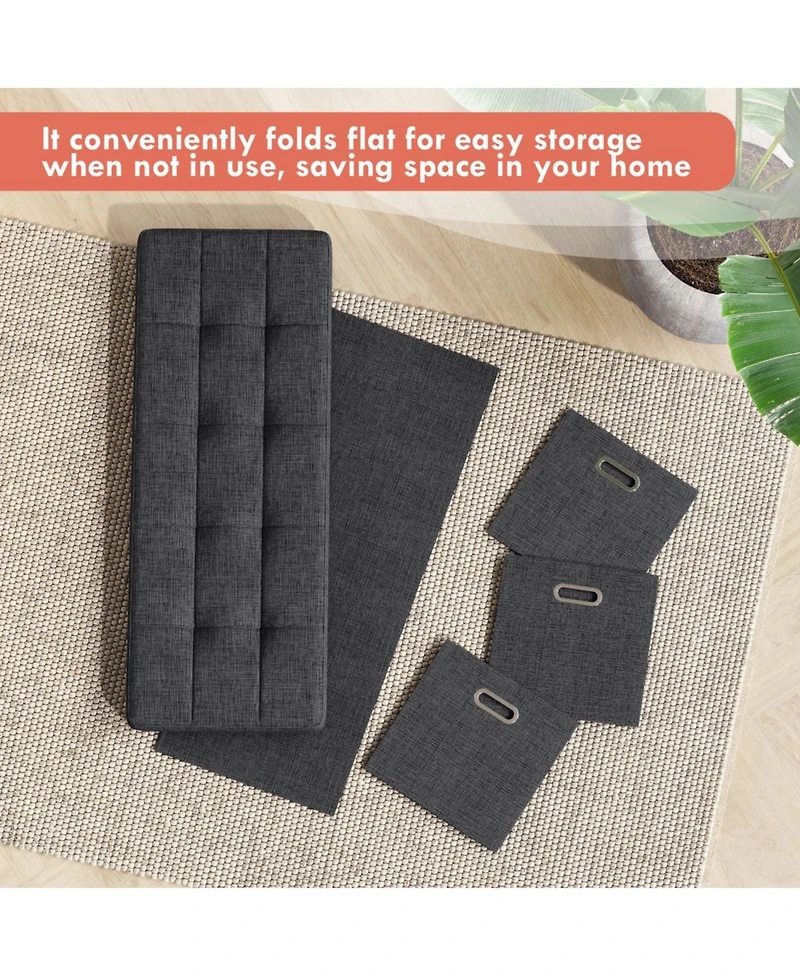 Collapsible Tufted Linen Long Bench Storage Ottoman with 3 Drawers