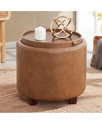 Lawrence Round Faux Leather Storage Ottoman with Table Top Lid
