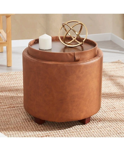 Lawrence Round Faux Leather Storage Ottoman with Table Top Lid