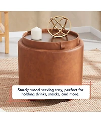 Lawrence Round Faux Leather Storage Ottoman with Table Top Lid