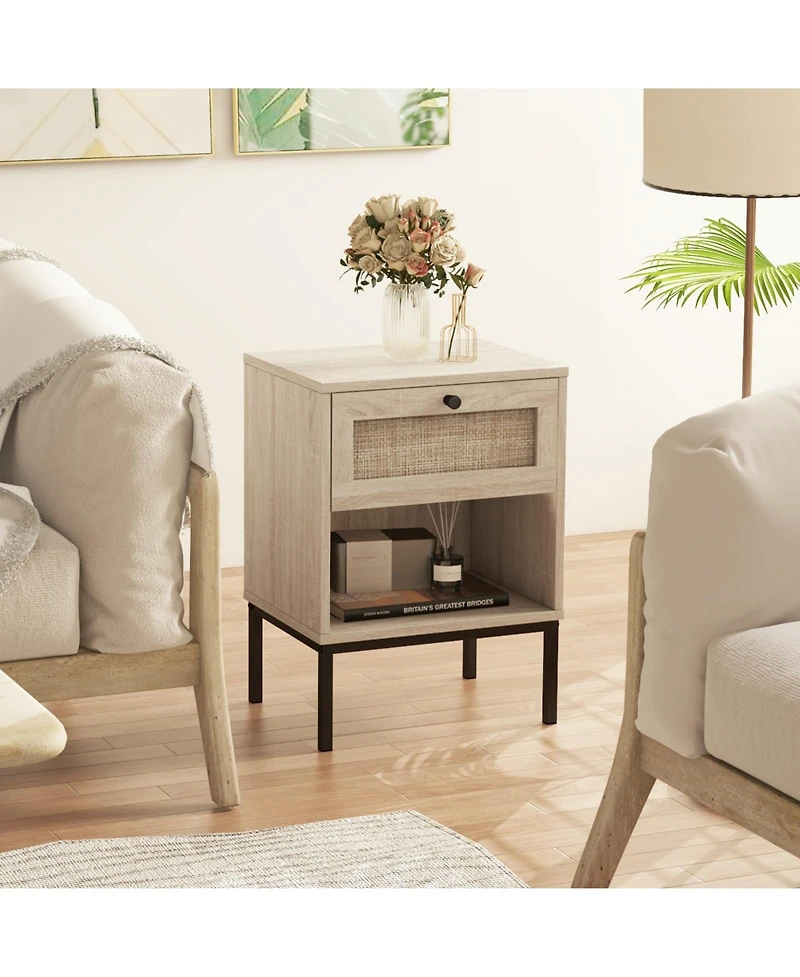 Sugift Rattan Nightstand Boho End Table with Rattan Drawer & Open Shelf