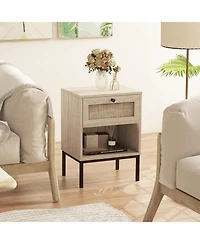 Sugift Rattan Nightstand Boho End Table with Rattan Drawer & Open Shelf