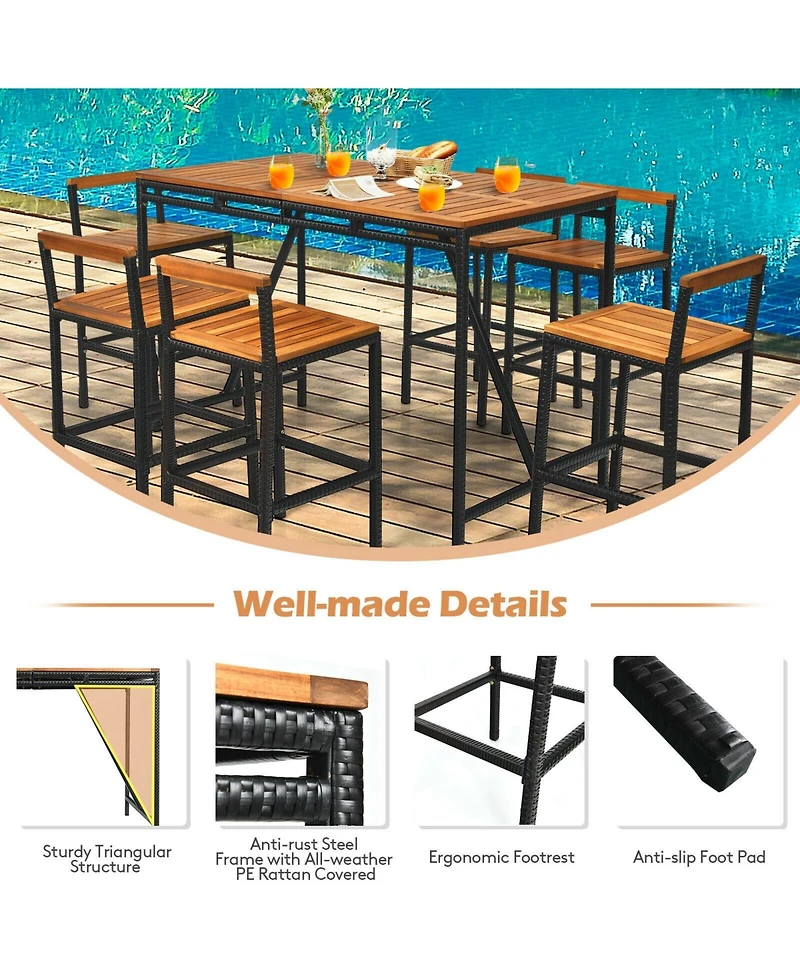 Sugift 7 Pieces Acacia Wood Patio Rattan Bar Set with Umbrella Hole