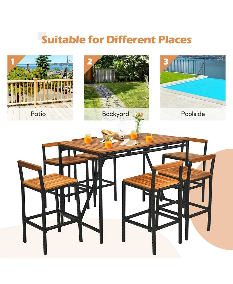 Sugift 7 Pieces Acacia Wood Patio Rattan Bar Set with Umbrella Hole