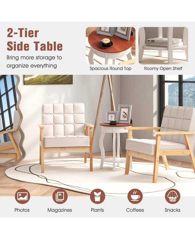 Sugift 2-Tier Round End Table with Storage Shelf and Solid Rubber Wood Legs