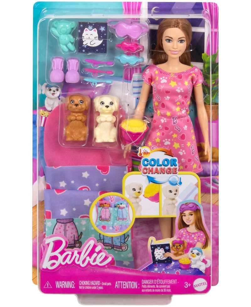 Barbie Doll Puppy Slumber Party Playset with 2 Toy Dog Figures, 10+ Accessories, Color-Change