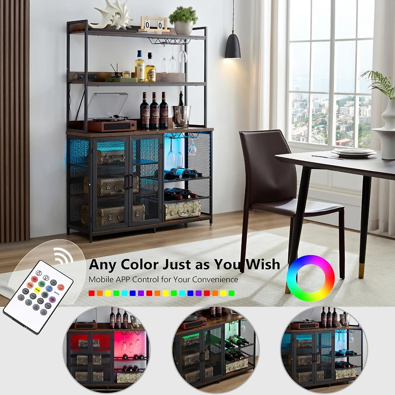 Streamdale Industrial Coffee Bar Cabinet with Led Lights and Power Outlet