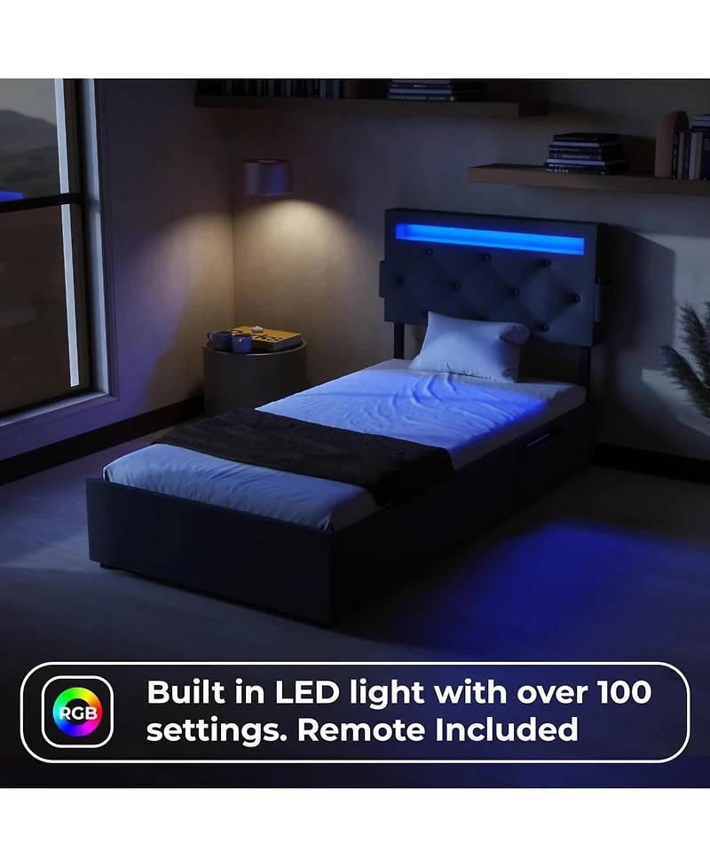 Streamdale Furniture Twin Bed Frame with Usb Charging, Led Lights, Headboard, Storage Drawers