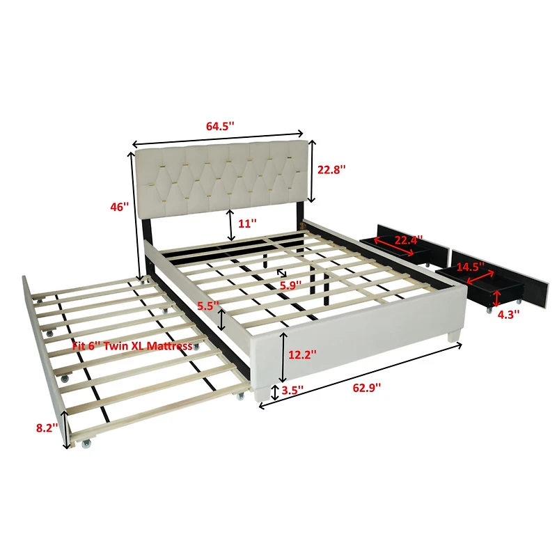 Streamdale Furniture Beige Queen Upholstered Bed with Trundle