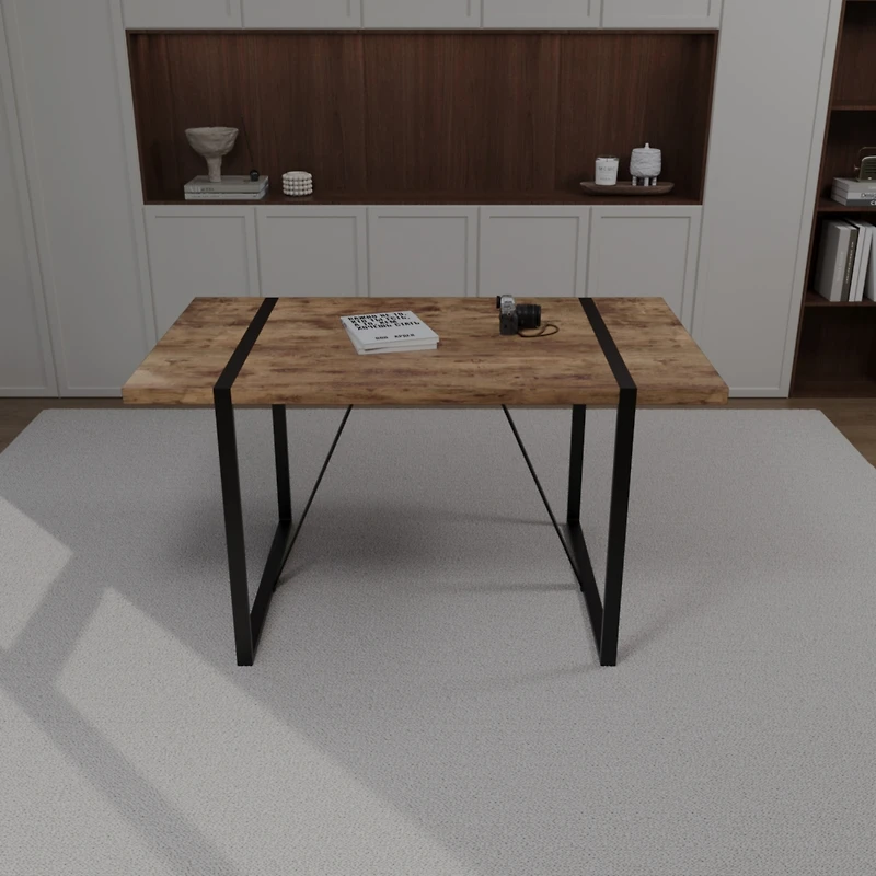 Streamdale Industrial Dark Wood Dining Table for 4-6, Mdf Top, Metal Legs