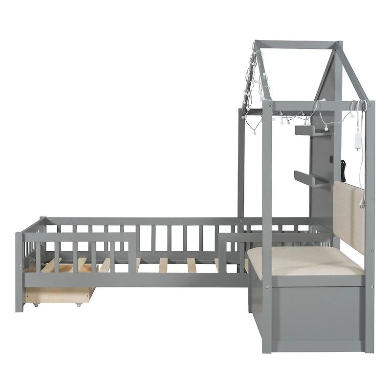 Streamdale Twin House Bed with Sofa, Charging Station, Shelves & Drawers