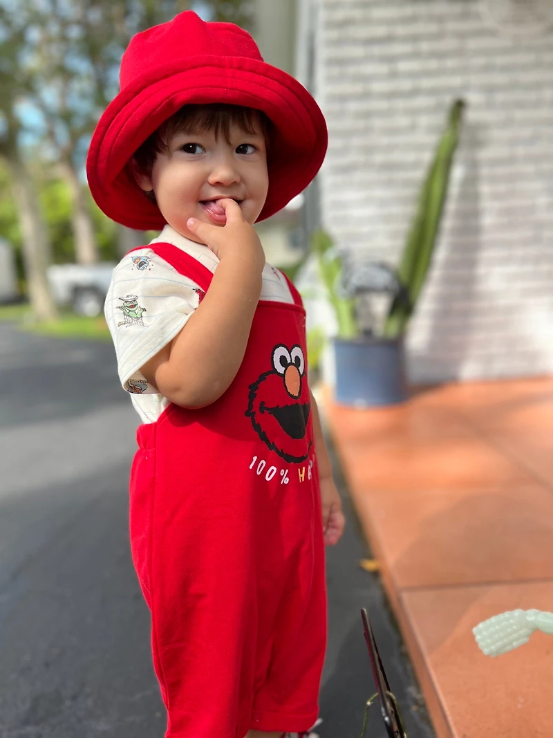 Sesame Street Baby Boys Elmo French Terry Short Overalls T-Shirt and Hat 3 Piece Outfit Set Newborn to