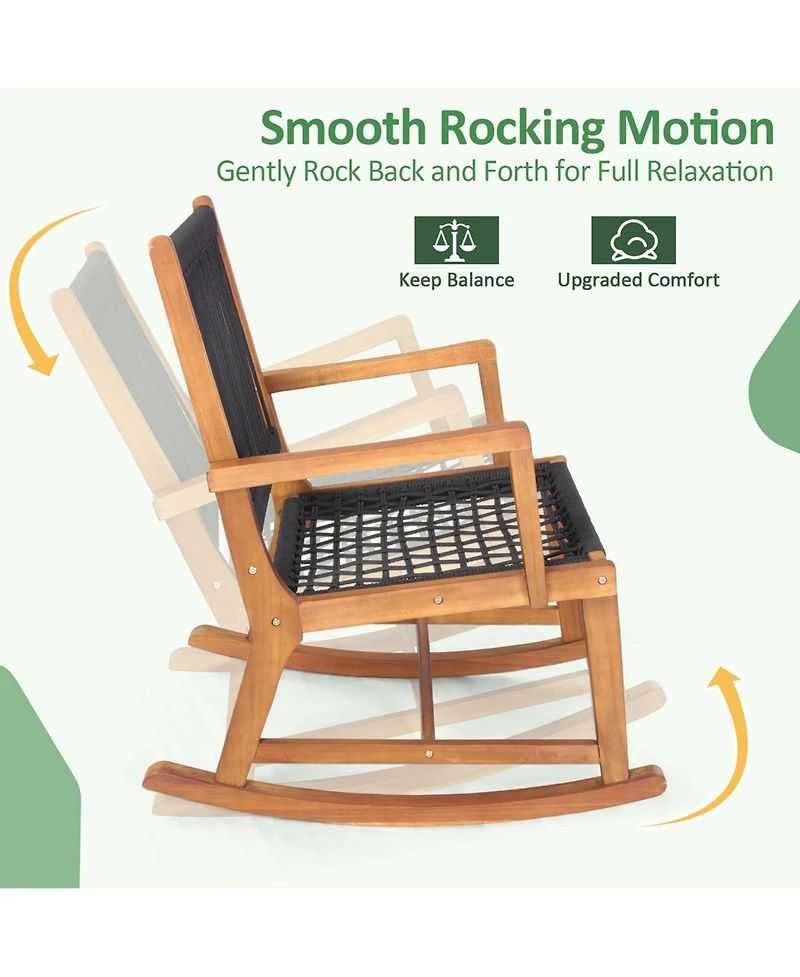 Costway 3pcs Patio Acacia Wood Bistro Table Rocking Chair Set All-Weather Rope Outdoor