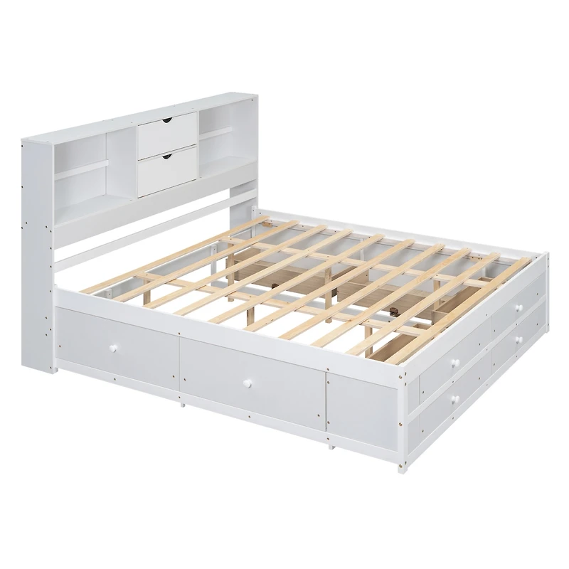 Streamdale King Size Platform Bed with Storage Headboard and 8 Drawers, White