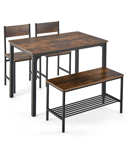 4 Pieces Rustic Dining Table Set with 2 Chairs and Bench