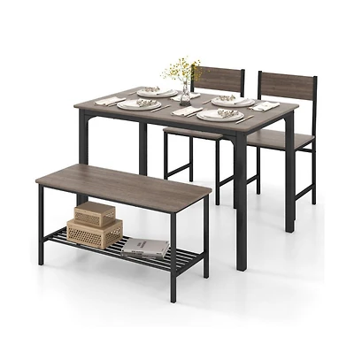 4 Pieces Rustic Dining Table Set with 2 Chairs and Bench