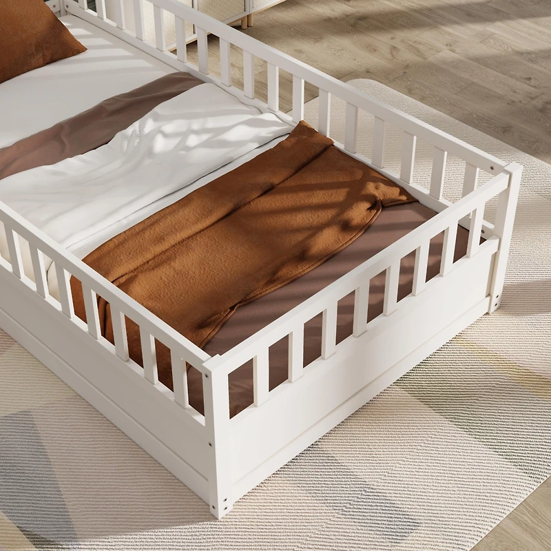 Streamdale Furniture Twin Size Floor bed, integral construction with super high security barrier, door, children's floor bed frame, Montessori wooden