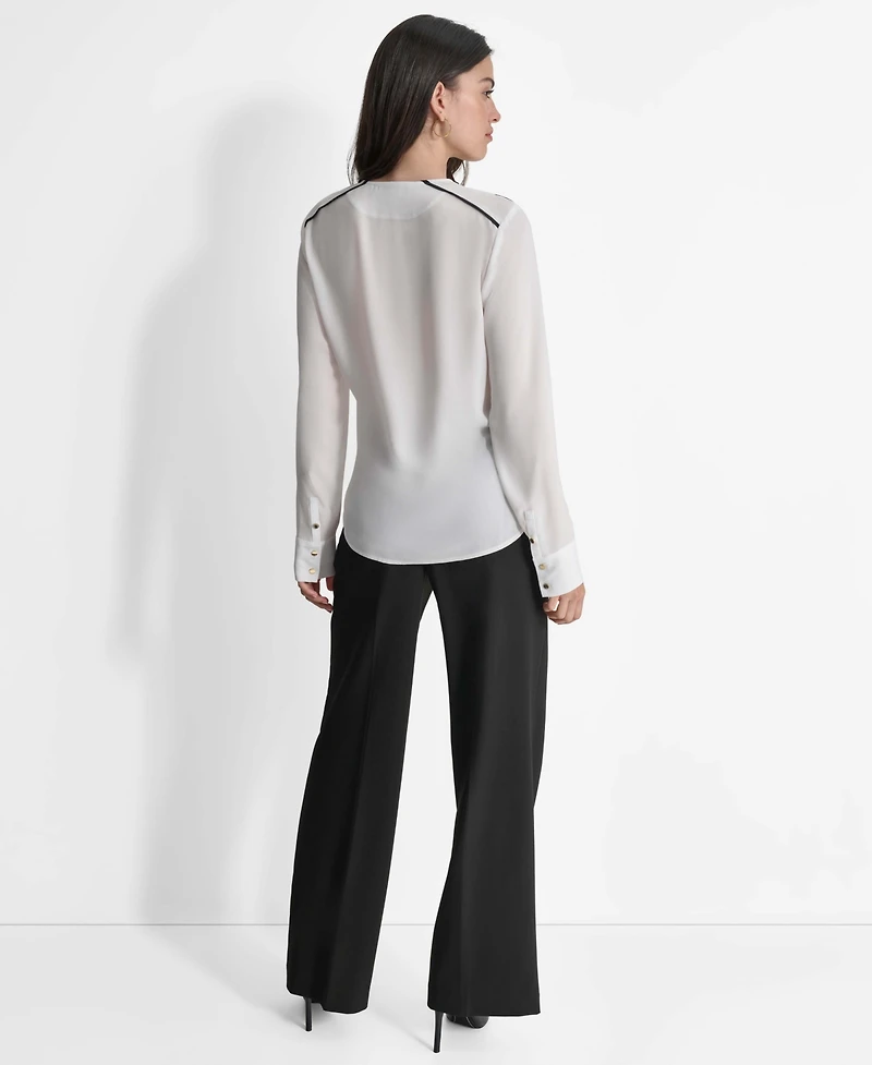 Dkny Women's Long Sleeve Trimmed Lapel Blouse, Regular & Petite