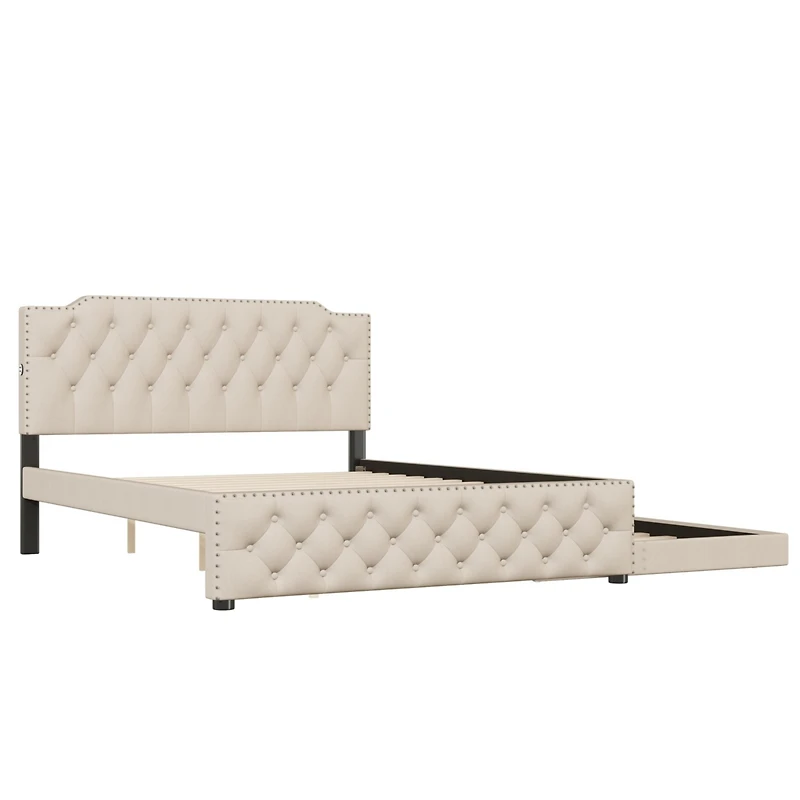 Streamdale Gray Upholstered Queen Platform Bed with Trundle & Usb Ports