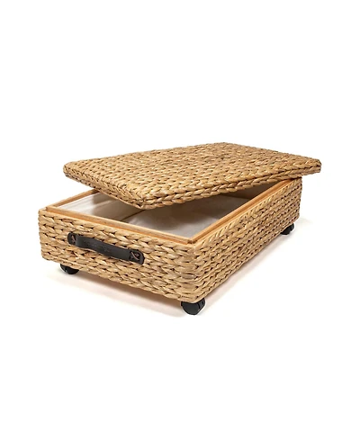 Chett 26.38" Minimalist Hand-Woven Hyacinth/Wood Underbed Storage Bin with Wheels and Handles