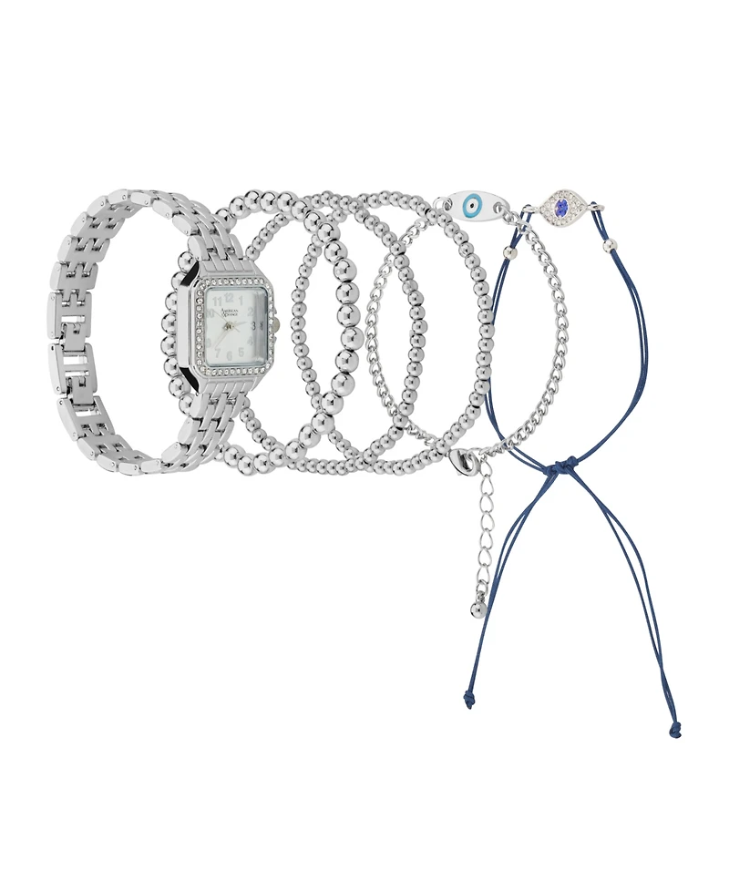 American Exchange Women's Shiny Silver Metal Alloy Band Analog Watch 26mm with Stackable Bracelets Gift Set