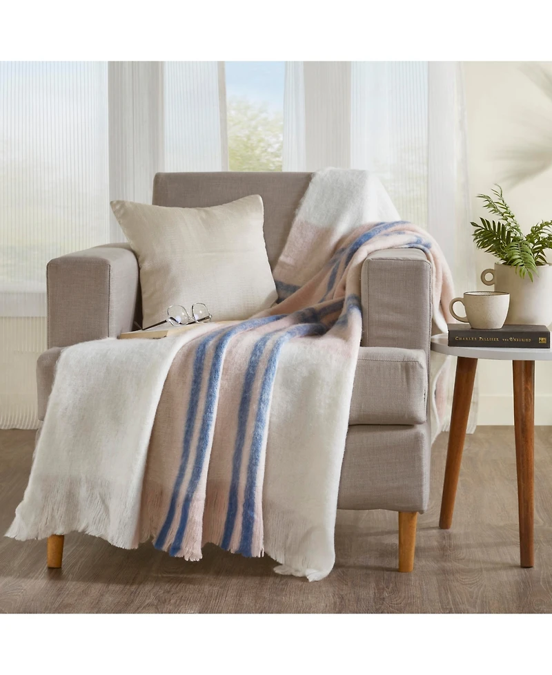 Ihi Home Faux Mohair Stripe Throw Blanket I 50"x 70" I Blus Rose Ivory