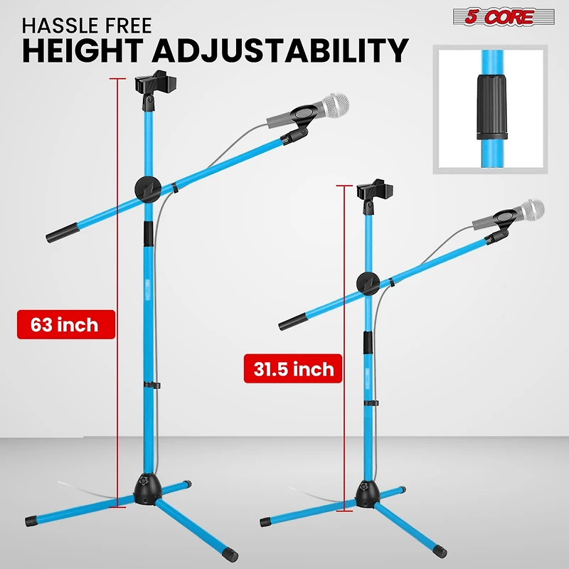 5 Core Mic Stand Floor Height Adjustable Tripod Microphone Stands w Extending Telescoping Boom Arm - Ms Dbl G Sky Blu
