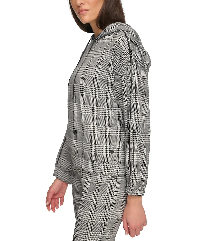 Andrew Marc Sport Women's Double Knit Glenplaid Hoodie Sweatshirt with Piping Sleeve Detail