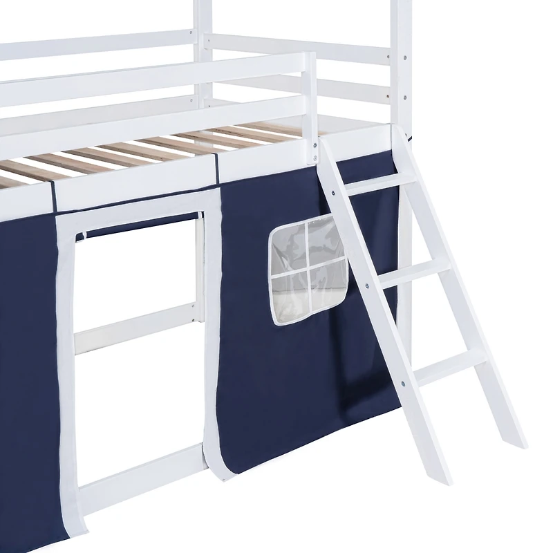 Streamdale Twin Size Bunk Wood House Bed With Elegant Windows, Sills And Tent
