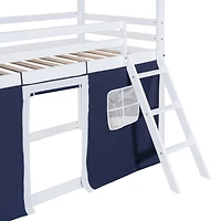 Streamdale Twin Size Bunk Wood House Bed With Elegant Windows, Sills And Tent