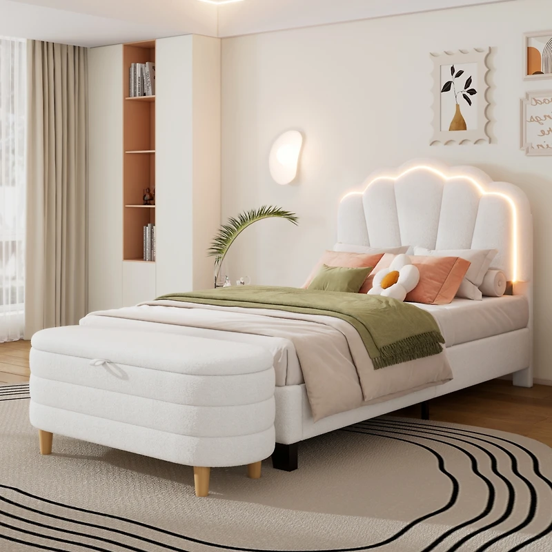 Streamdale Twin Size Flower-Shaped Led Platform Bed with Storage Ottoman, White