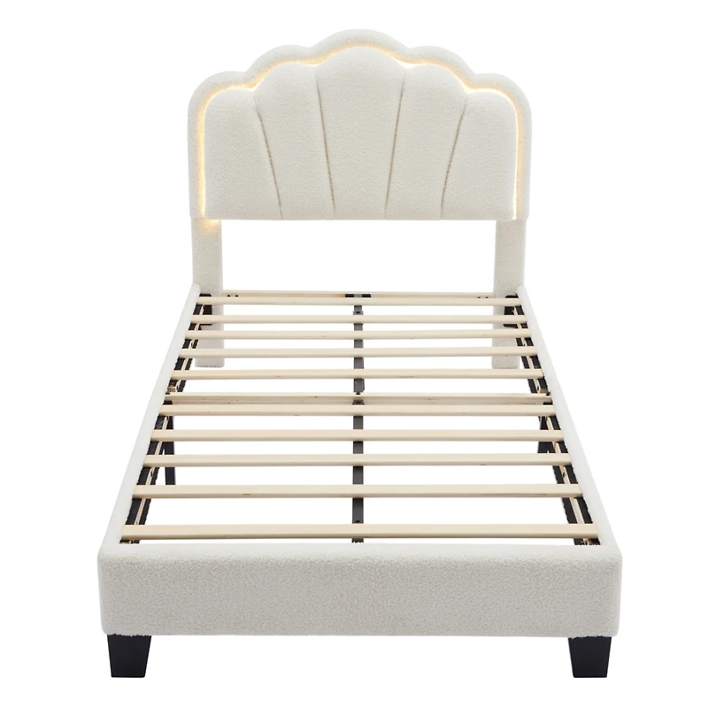 Streamdale Twin Size Flower-Shaped Led Platform Bed with Storage Ottoman, White