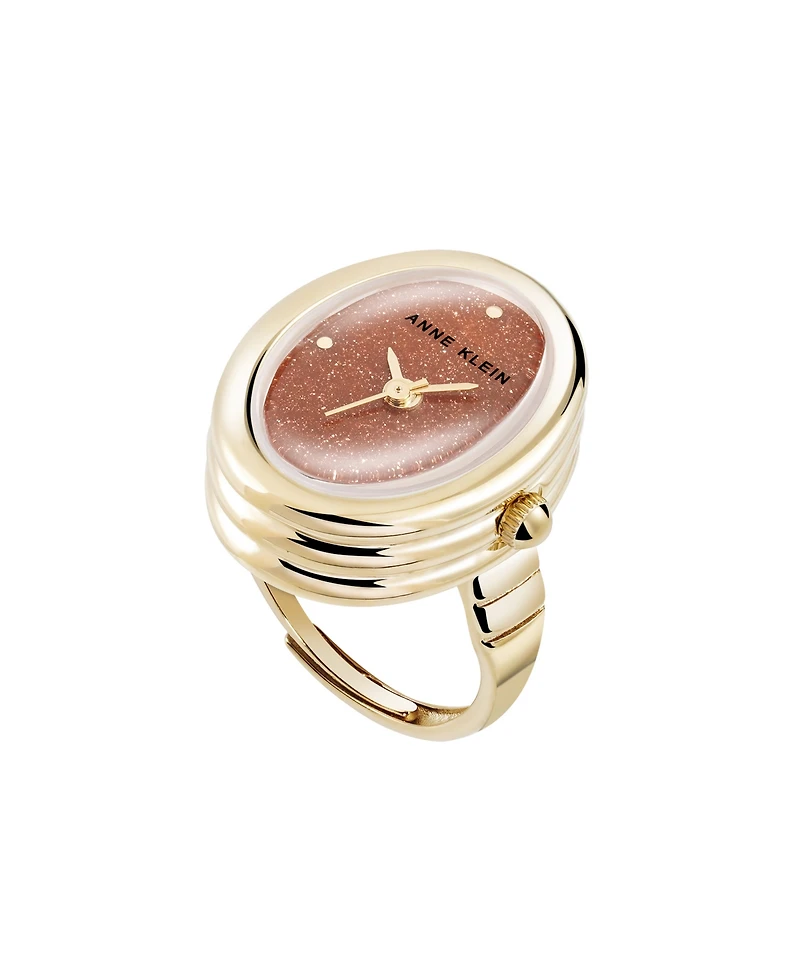 Anne Klein Women's Quartz Gold Sandstone Gemstone and Gold-Tone Alloy Metal Ring Watch, 17mm