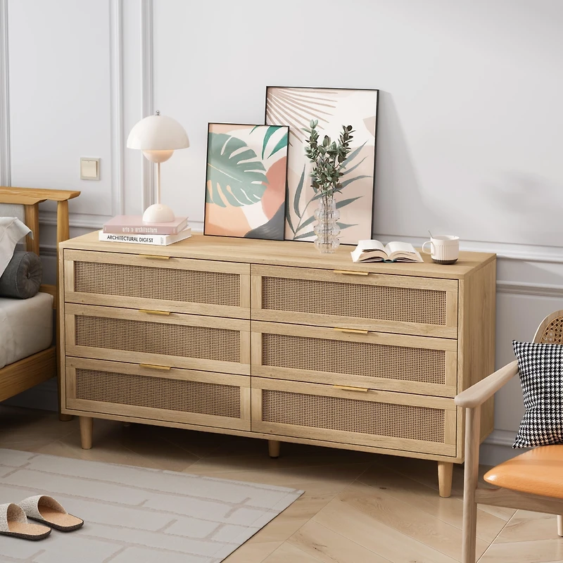 Simplie Fun Modern Rattan Dresser with 6 Drawers for Organized Storage