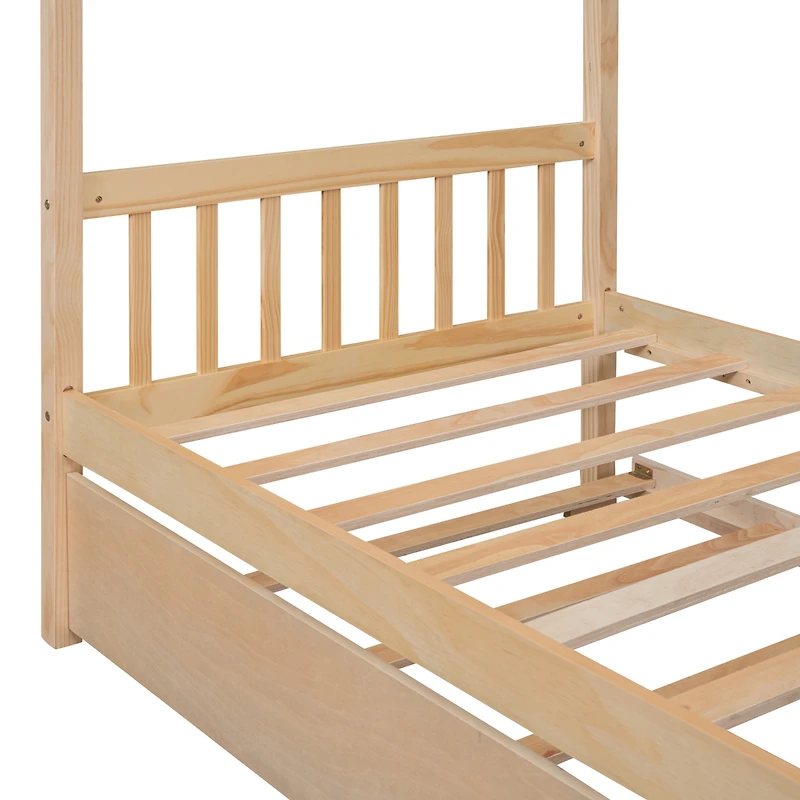 Streamdale Twin Size Wooden House Bed With Twin Size Trundle, Natural