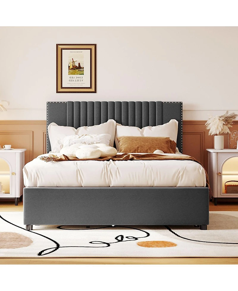 Simplie Fun Full Size Upholstered Platform Bed With 2 Drawers And 1 Twin Size Trundle, Classic Headboard Design