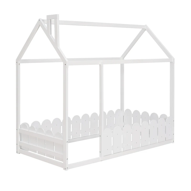 Streamdale Twin Wood Bed House Frame With Fence, For Kids, Teens, Girl