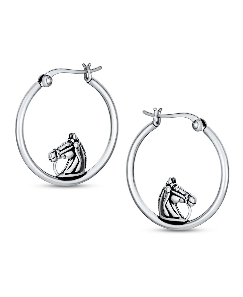 Bling Jewelry Large Big Cowgirl Equine Gift Equestrian Horse Hoop Earrings Oxidized Sterling Silver 1.25 Inch Diameter