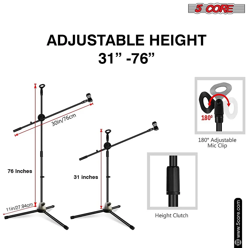 5 Core Tripod Mic Stand Pair Floor Adjustable 31 to 76 Inches Boom Arm Holder Microphone Stands 360 Degree Rotating + Dual Mic Ms Dbl 2PCS