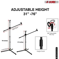 5 Core Tripod Mic Stand Pair Floor Adjustable 31 to 76 Inches Boom Arm Holder Microphone Stands 360 Degree Rotating + Dual Mic Ms Dbl 2PCS