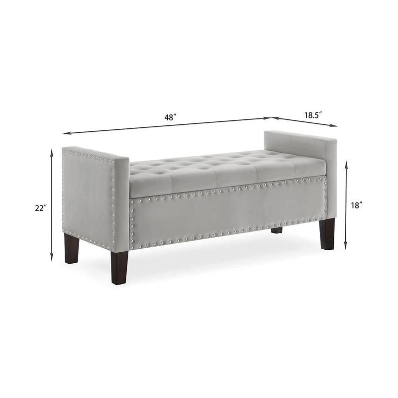 Gray Upholstered Storage Bench with Armrest