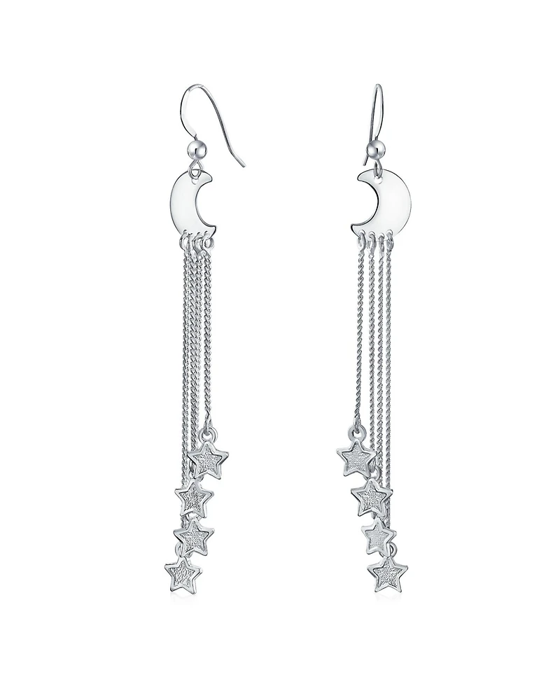 Bling Jewelry Astrology Statement Celestial Crescent Moon Stars Dangle Earrings Multi Chain Three Stars Charms Jewelry Sterling Silver Fish Wire