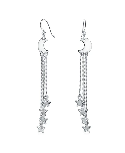 Bling Jewelry Astrology Statement Celestial Crescent Moon Stars Dangle Earrings Multi Chain Three Stars Charms Jewelry Sterling Silver Fish Wire