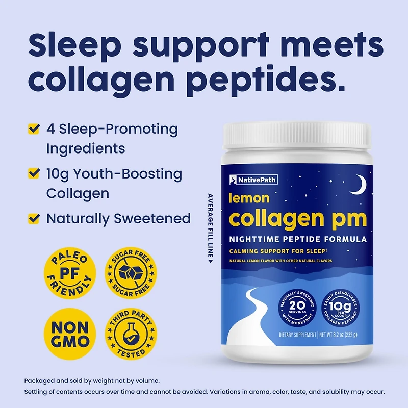 NativePath Collagen Pm - Lemon Nighttime Collagen Peptides Powder with Magnesium, Gaba, L-Theanine and Melatonin - 20 Servings