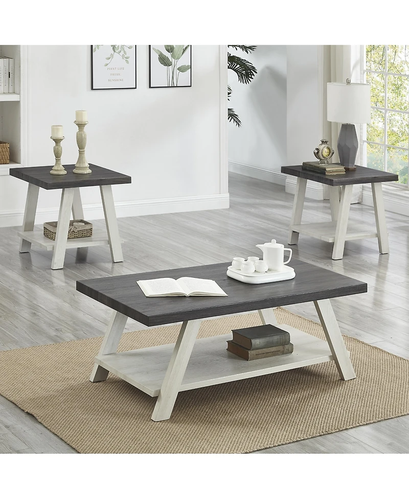 Streamdale Furniture Contemporary 3-Piece Wood Shelf Coffee Table Set in Weathered Charcoal and Beige
