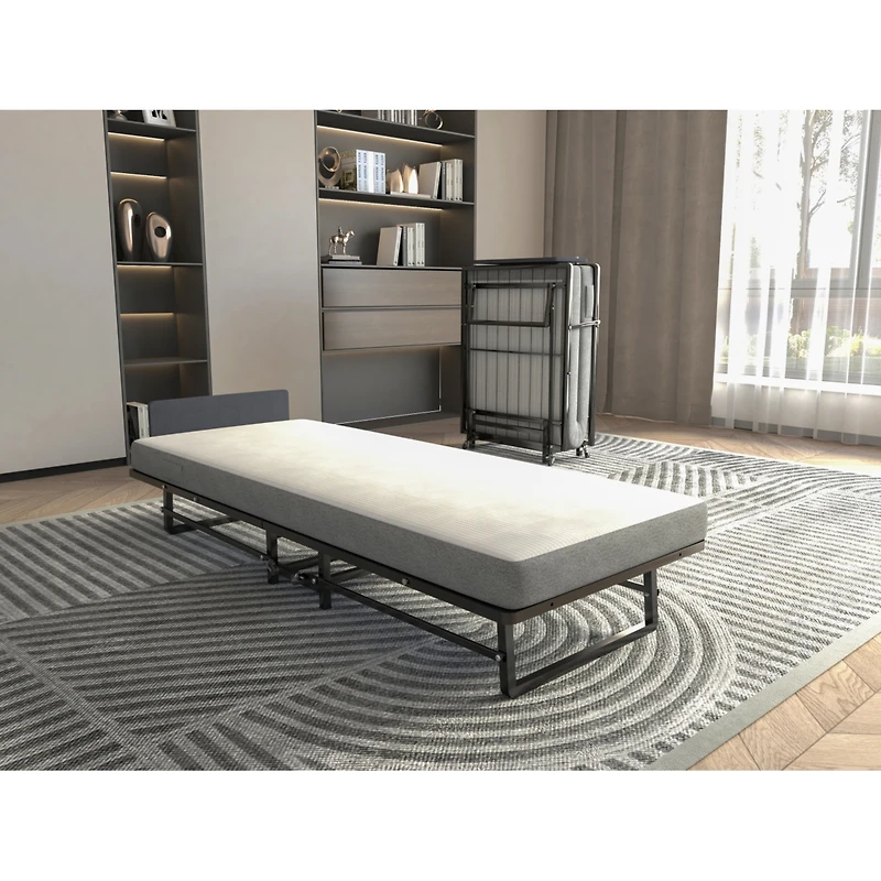 Simplie Fun Metal Folding Bed Frame with Foam Mattress of Pockets, Easy Storage and Movable with 4 Castors