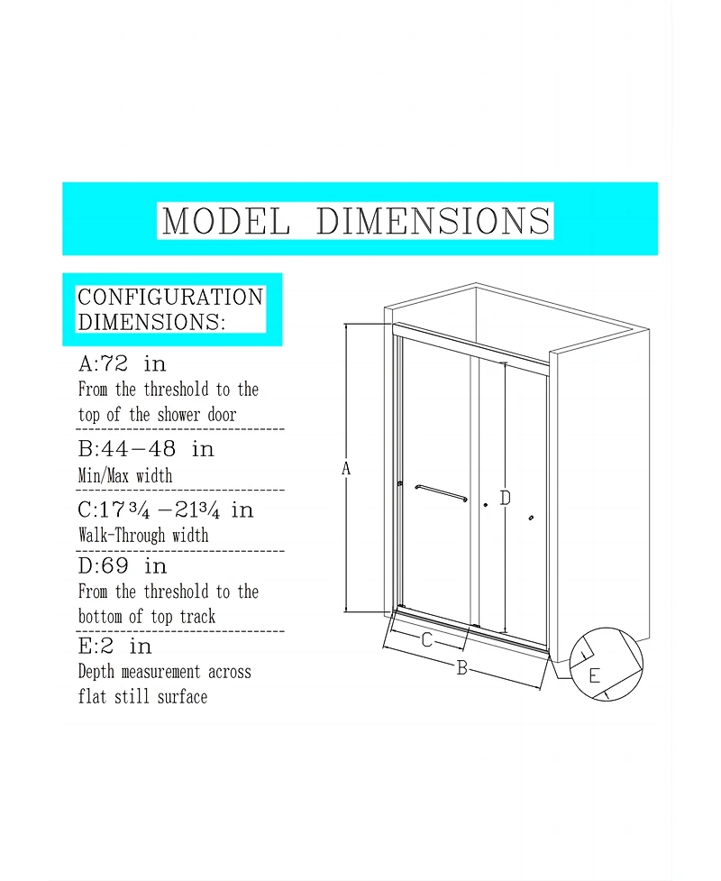 Streamdale Furniture 44"-48"W x 72"H Semi-Frameless Double Sliding Shower Door, Matte Black