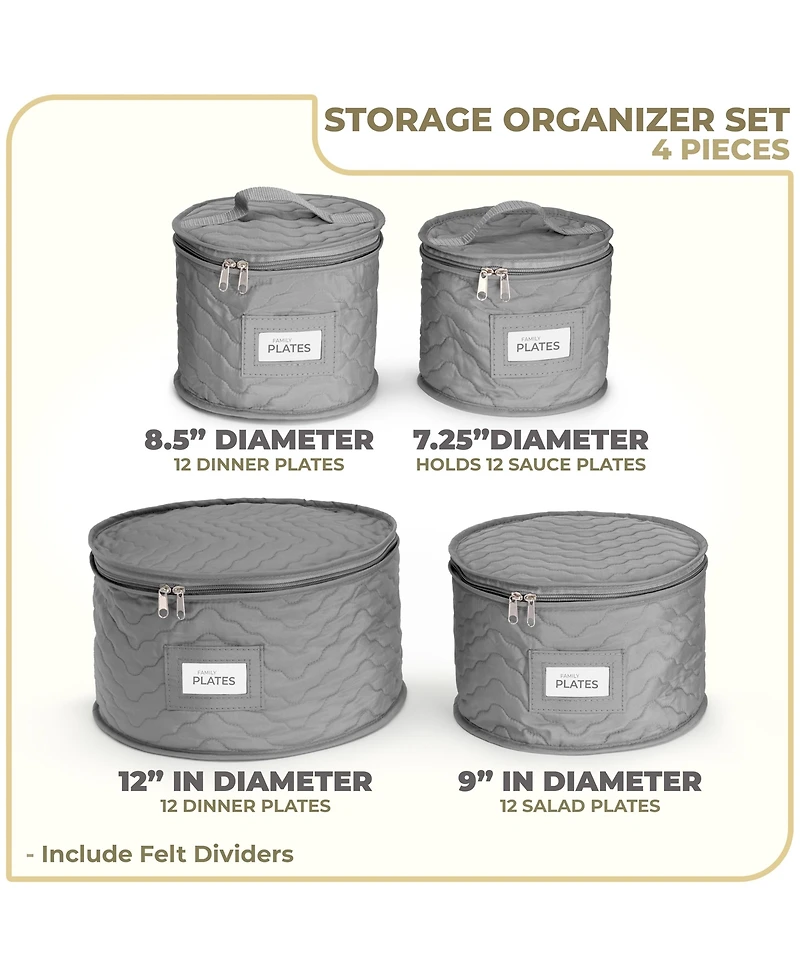 Sorbus 4 Piece Quilted China Dinnerware Storage Cases - for Dinnerware, Plate Organizer (Gray)