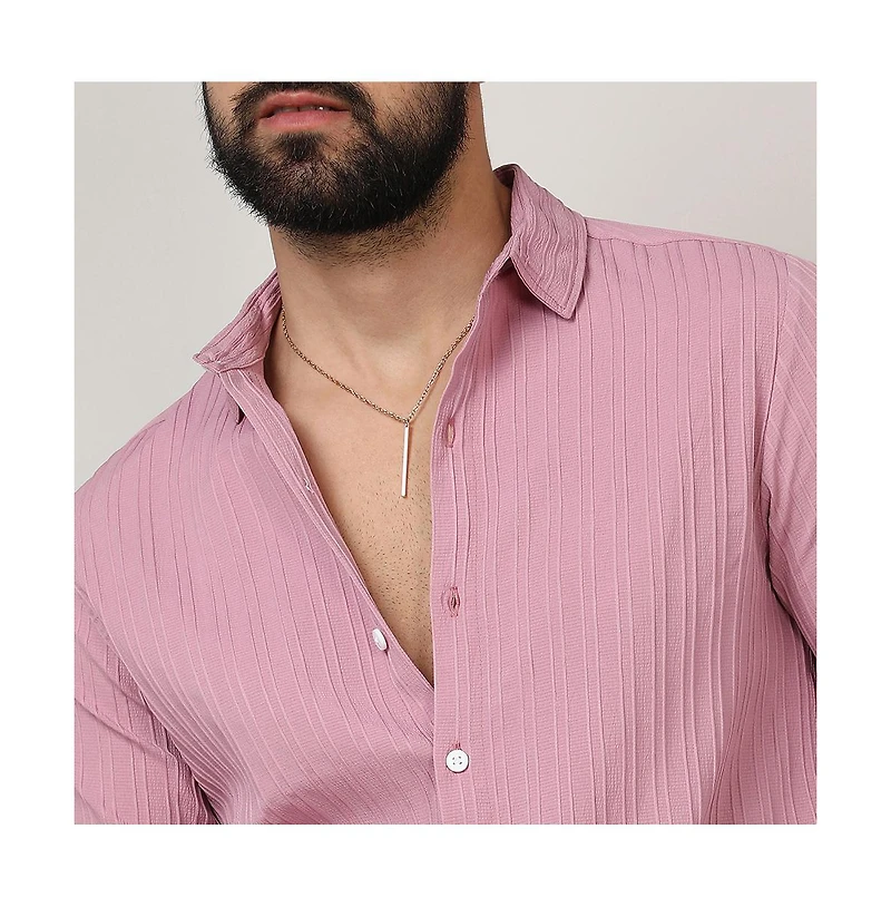 Men's Salmon Pink Self-Design Striped Shirt